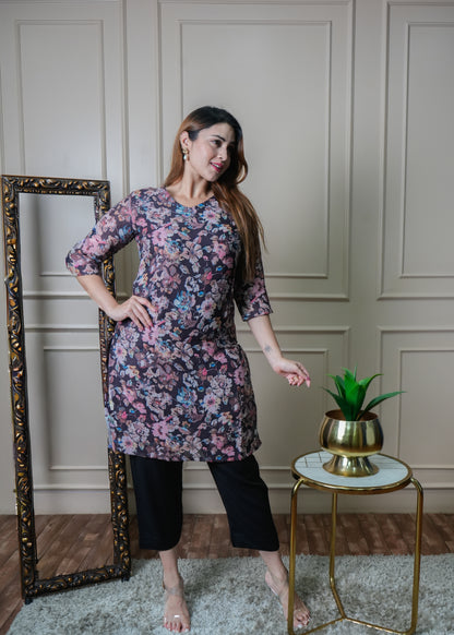 Black and Peach Floral Print Vintage Linen Kurti Pant Set