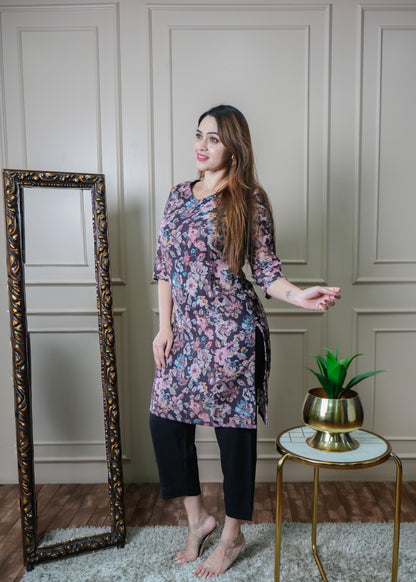 Black and Peach Floral Print Vintage Linen Kurti Pant Set