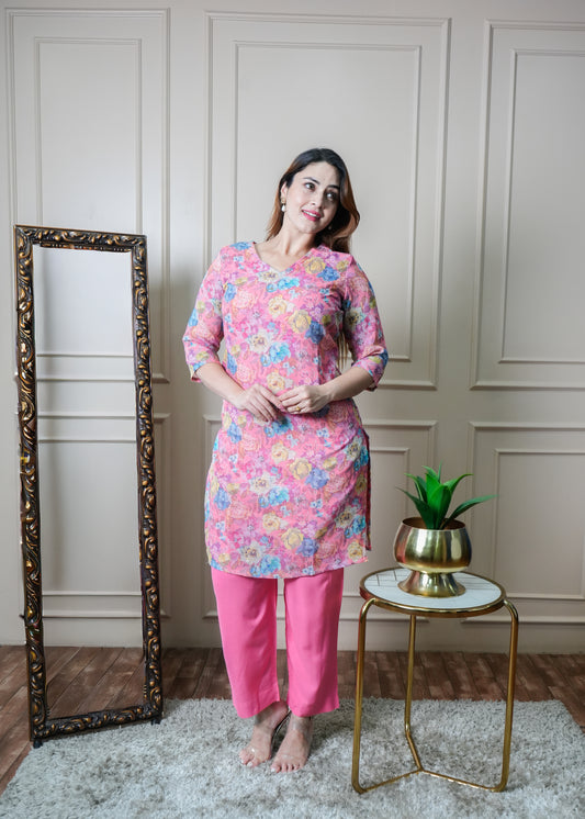 Pink with Blue and Yellow Floral Print Vintage Linen Kurti Pant Set