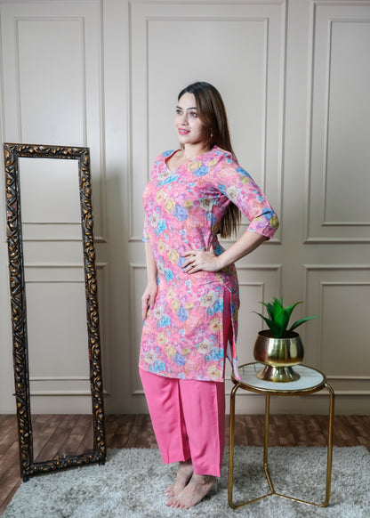 Pink with Blue and Yellow Floral Print Vintage Linen Kurti Pant Set