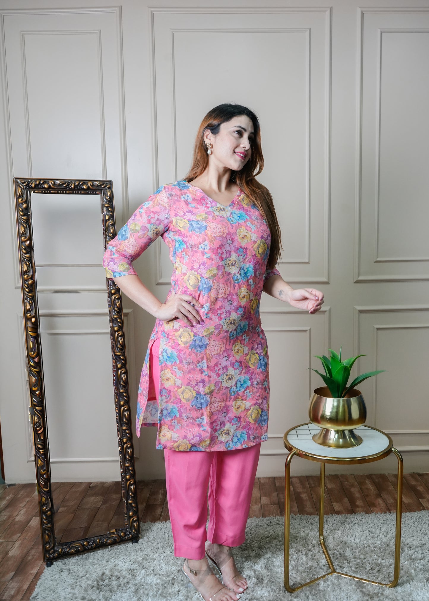 Pink with Blue and Yellow Floral Print Vintage Linen Kurti Pant Set