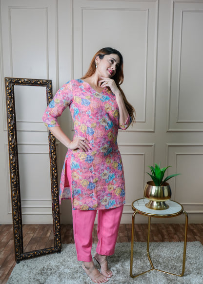 Pink with Blue and Yellow Floral Print Vintage Linen Kurti Pant Set