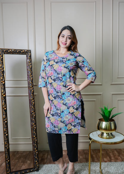 Black with Multicolour Floral Vintage Linen Kurti Pant Set
