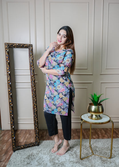Black with Multicolour Floral Vintage Linen Kurti Pant Set