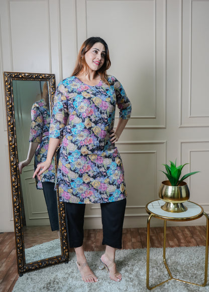 Black with Multicolour Floral Vintage Linen Kurti Pant Set