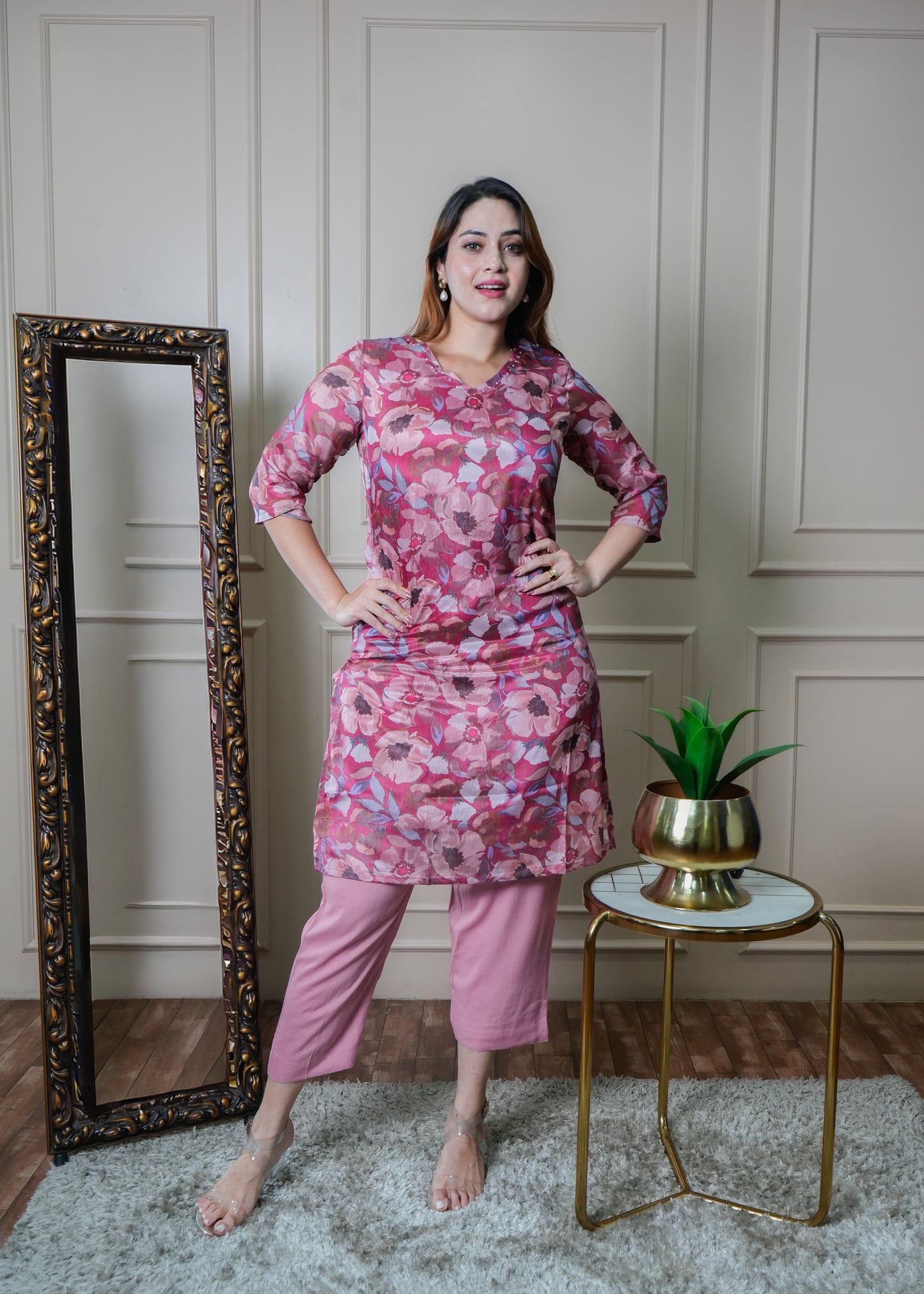 Mauve and Peach Floral Chinon Kurti Set with Pants – Office & College Wear