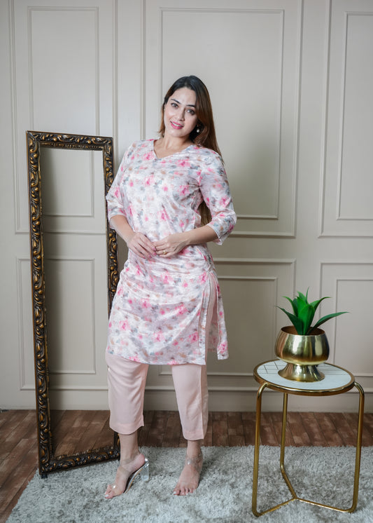 White with Pink , Peach and Grey Floral Chinon Kurti Set with Pants – Office & College Wear