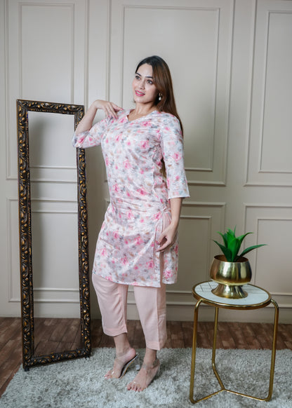 White with Pink , Peach and Grey Floral Chinon Kurti Set with Pants – Office & College Wear