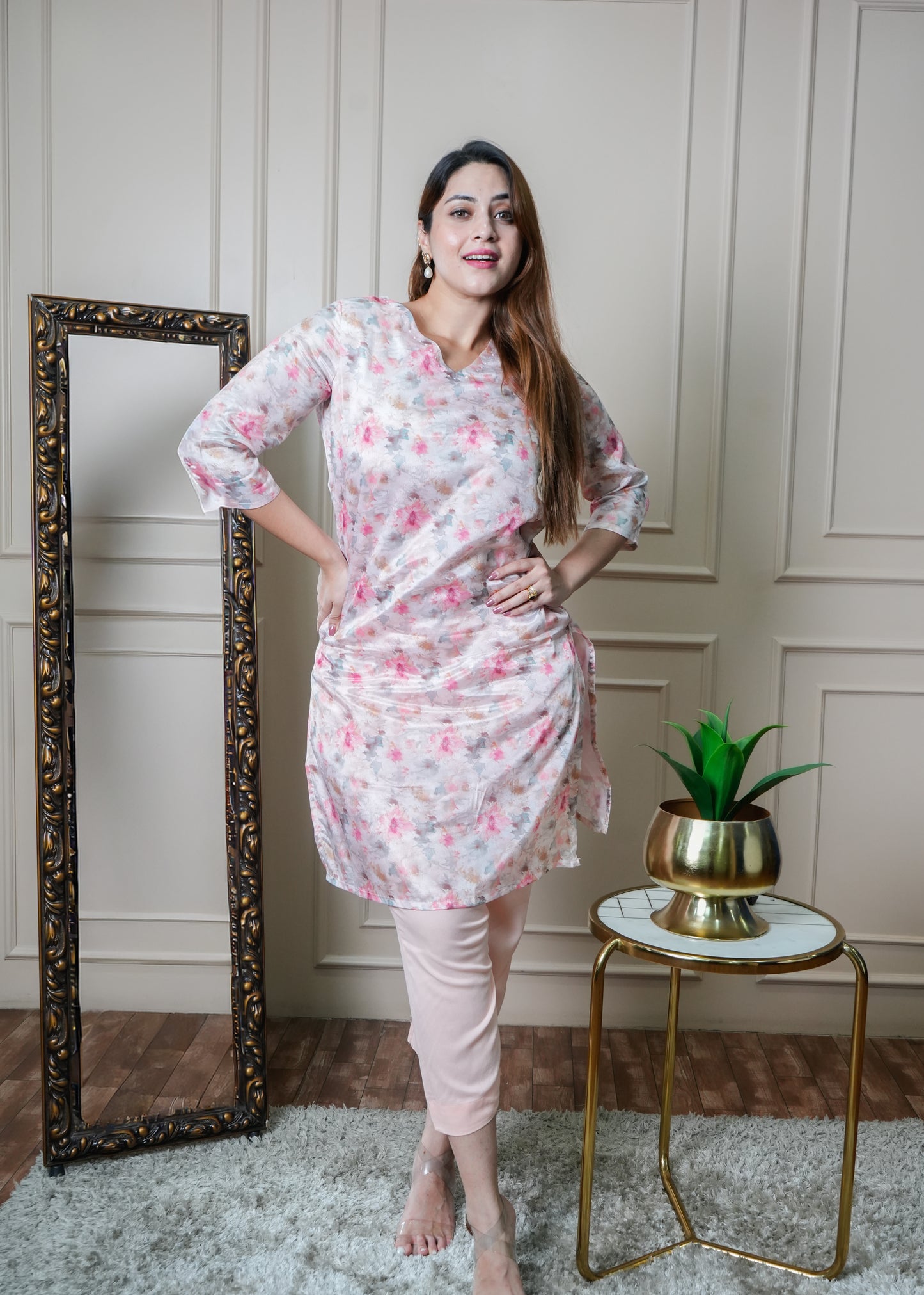 White with Pink , Peach and Grey Floral Chinon Kurti Set with Pants – Office & College Wear