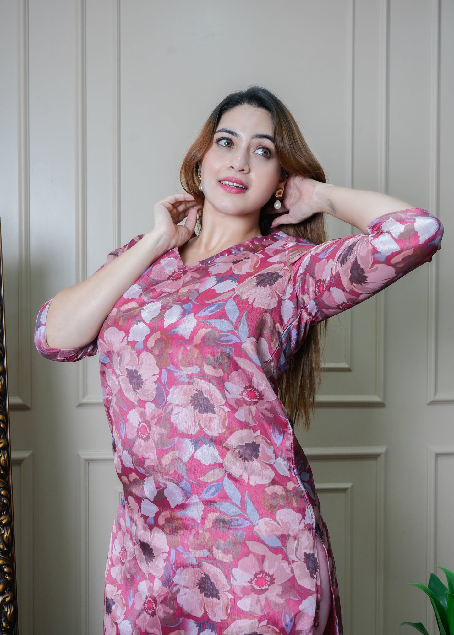 Mauve and Peach Floral Chinon Kurti Set with Pants – Office & College Wear