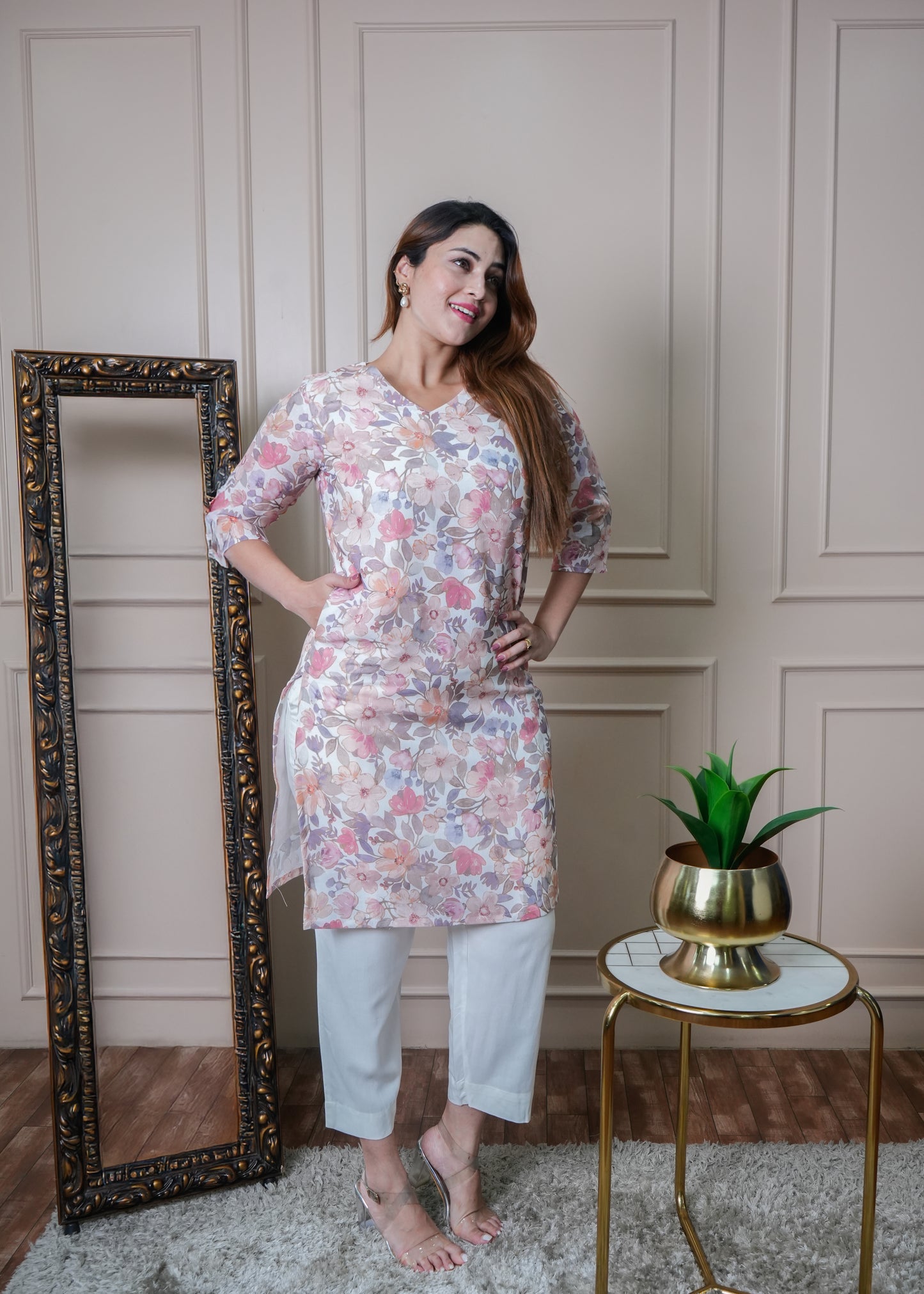 White Floral Linen Kurti Set with Pants