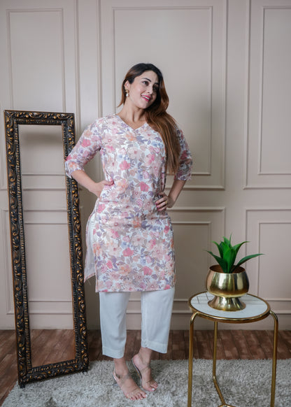 White Floral Linen Kurti Set with Pants