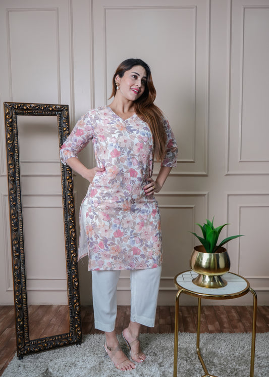 White Floral Linen Kurti Set with Pants